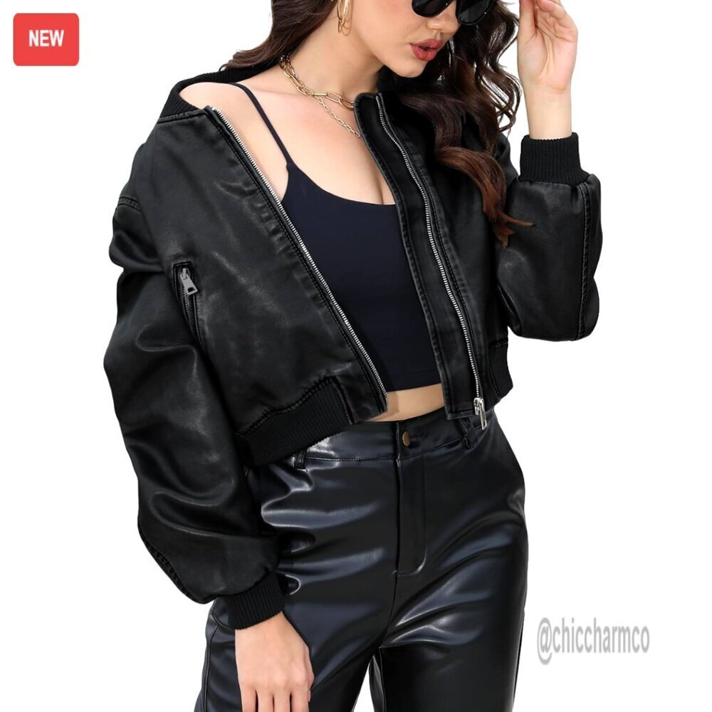 Cropped Faux Leather Bomber Jacket Zip Up Moto Style with Pockets